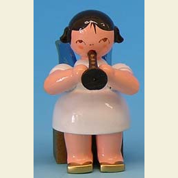 Angel with flute - Blue Wings - sitting - 5cm / 2 inch