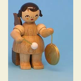 Angel with small gong  -  natural colors  -  sitting  -  5cm / 2 inch